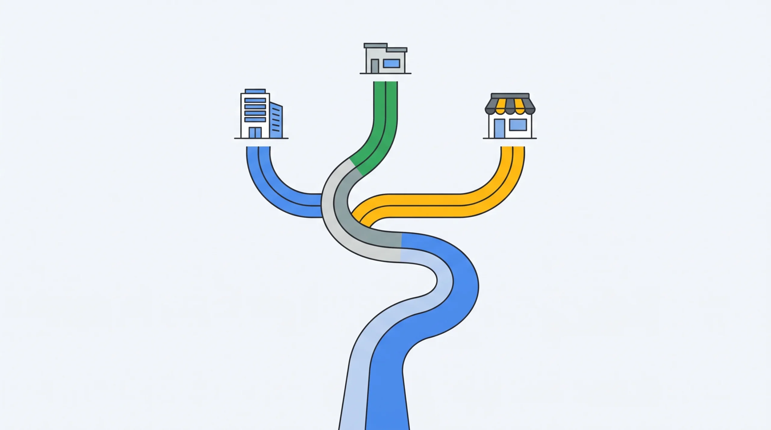 Illustratie van een pad dat zich splitst in meerdere routes naar werk, waaronder een eigen onderneming